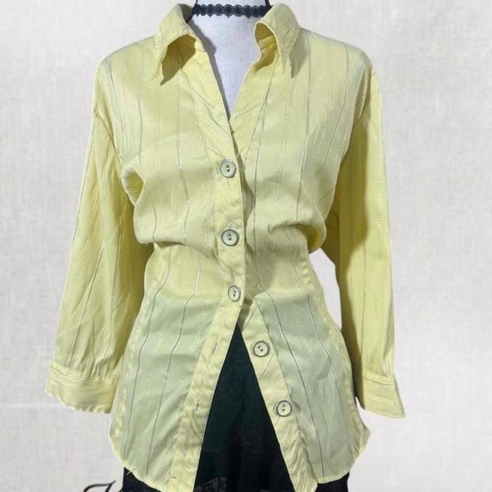 Preppy Office Yellow Long Sleeve Collared Button Up Top